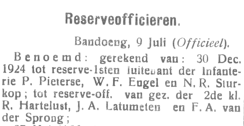 Op 9 juli 1927 meldt het Algemeen Handelsblad van Nederlands Indië de benoeming van WF Engel tot reserve officier